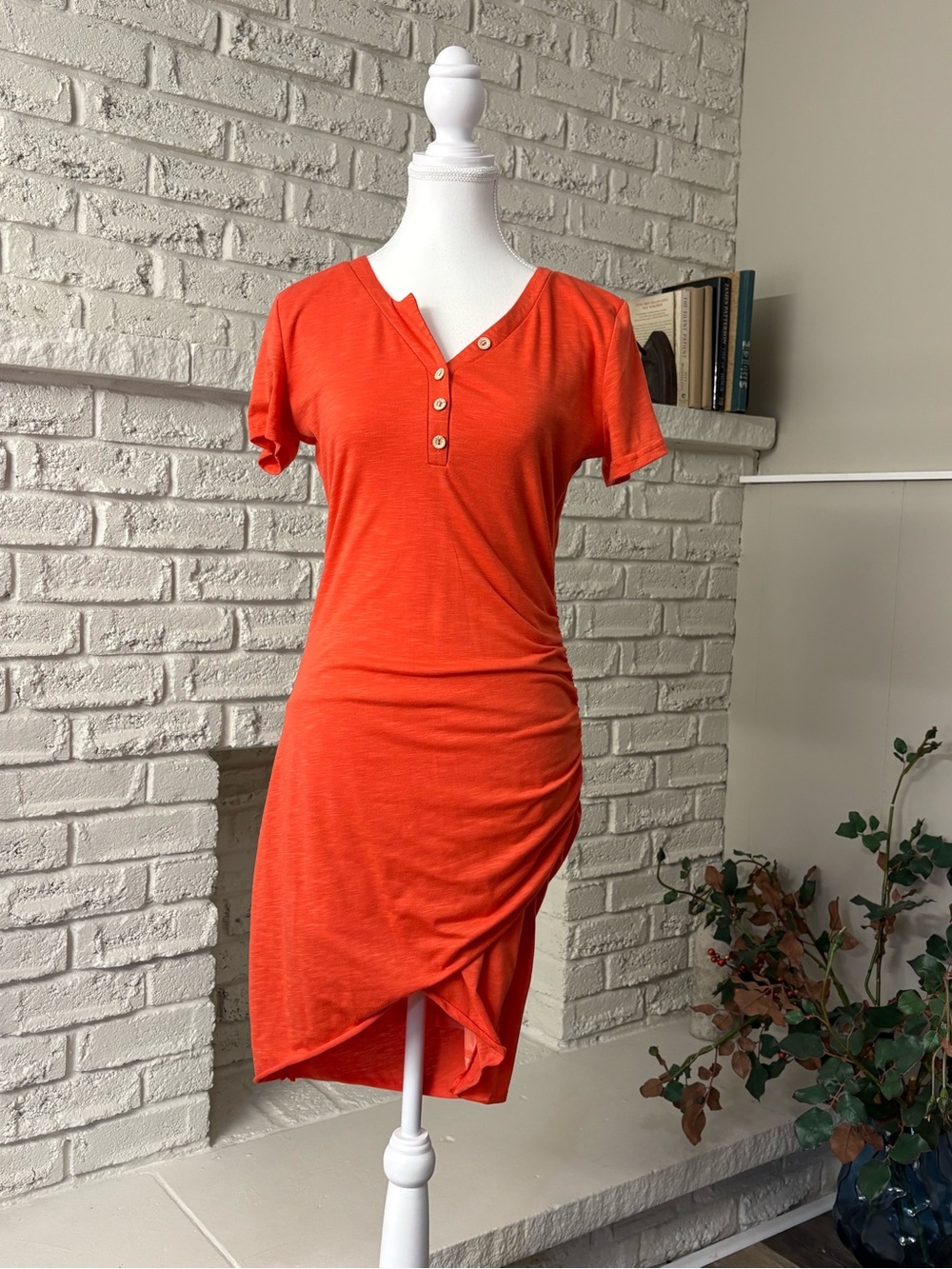 BTFBM Coral Orange Henley Textured Slub Knit Dress - Size Small